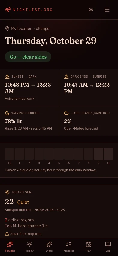Actual Night List Tonight screen with observing conditions, moon and cloud forecast